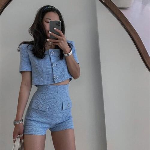 Temperament Fashion Blue Suit Single-breasted Square Collar Short-sleeved T-shirt+high Waist A-line Shorts Two-piece Set Women