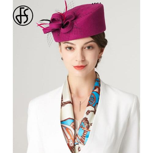 FS 100% Wool Beret Women Pillbox Hat Fascinator For Wedding Mesh Feather Cocktail Party Church Hats Fedora French Berets Pink