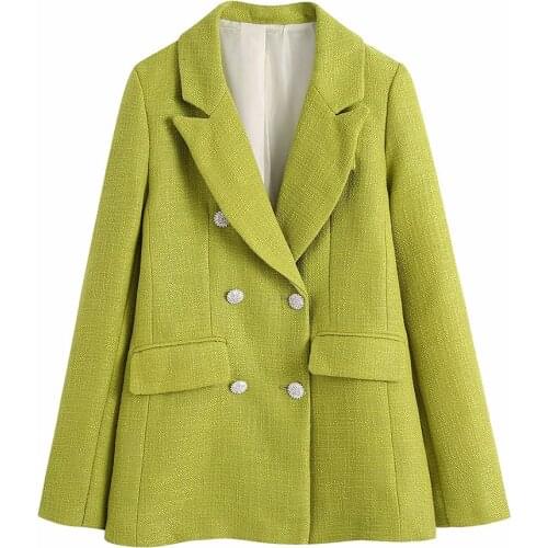 Tweed Women Solid Green Double Breasted Streetwear Slim Blazer female Vintage Long Sleeve Coat ladies chic Outerwear