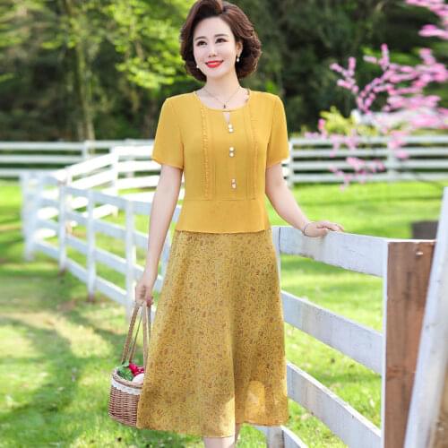 2020 New Summer Middle Aaged Women O Neck Fashion Midi Dress Female Flower Printed Mother Plus Size 4xl Dresses Vestitos W201
