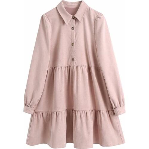 Women 2020 Sweet Fashion Ruffled Corduroy Dress Vintage Turn Down Collar Long Sleeve With Buttons Female Dresses Mujer