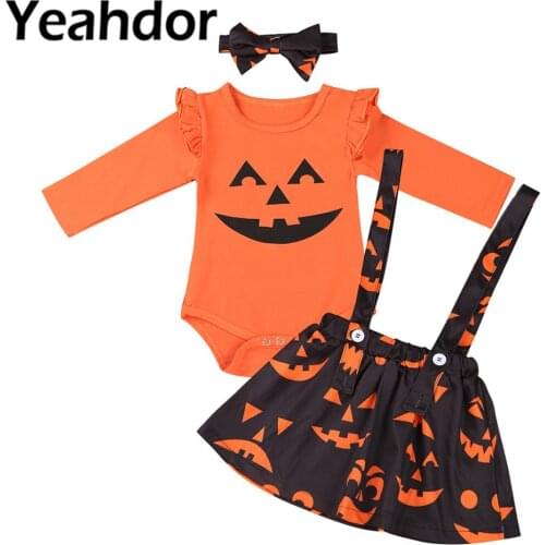 3PCS Infant Baby Girls Halloween Outfit Long Sleeves Cartoon Pumpkin Pattern Printed Romper Headband Suspender Skirt Kids Set