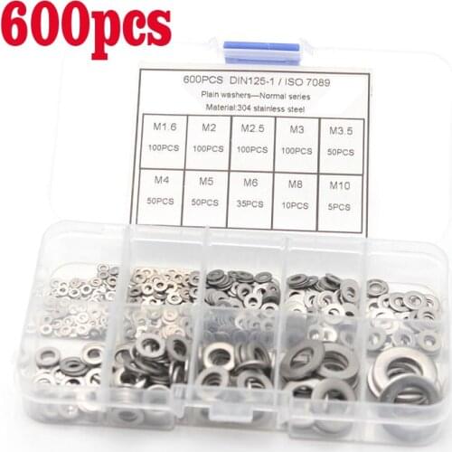 600Pcs/set DIN125 M1.6 M2 M2.5 M3 M3.5 M4 M5 M6 M8 M10 304 Stainless Steel Flat Washer Plain Washer Gaskets Assortment Kit