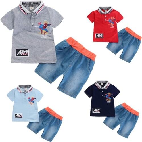 Disney Spider-Man Korean Version Polo Shirt Lapel Boy Short-sleeved Jeans Suit New Casual Two-piece Suit for Children 80-110cm