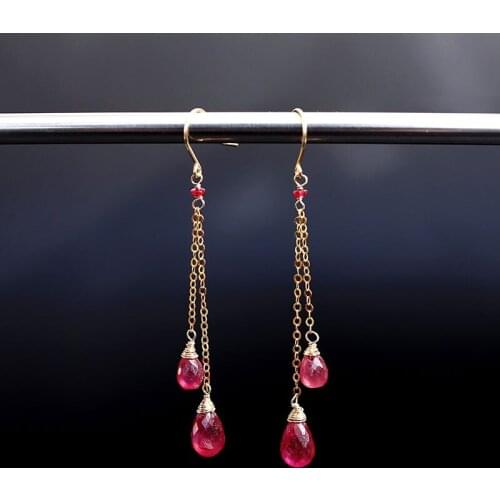 DMBS389 Ruby Long Earrings Yellow 18K Gold Genuine Gemstones Earrings Female Day Simple Gift for Girlfriend