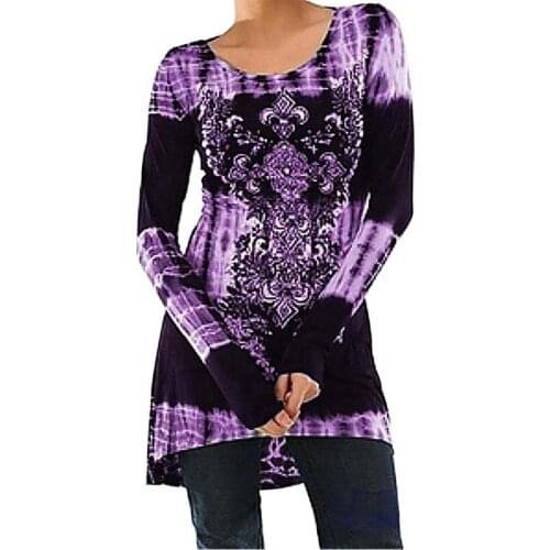 Summer Vintage Print Oversized Length T Shirts Womens Clothes Fashion O Neck Long Sleeve Streetwear Casual Tops