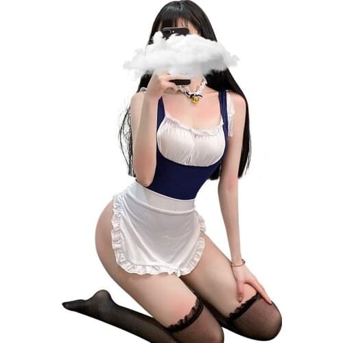 Sweet Japanese Cute Maid Cosplay Cat Lori Kawaii Babydoll Bodysuit 2020 New Low Chest Servant Apron Backless Jumpsuit 3pcs/set