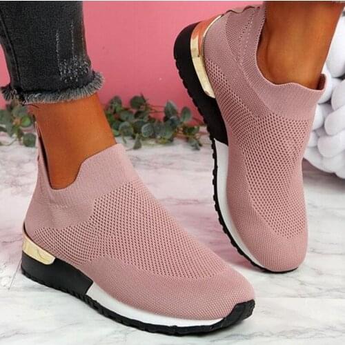 Sneakers Women Vulcanize Shoes Ladies Solid Color Slip-On Knit Sneakers for Female Pop Casual Sport Mesh Shoes for Womenbj8
