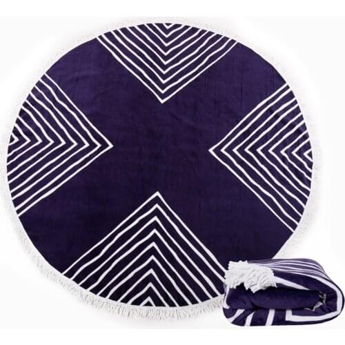 OLIVE 2021 New Round Pure Cotton Beach Towel Navy Stripe Printing Tassel Decorations Blanket For Spa Yoga Soft Comfortable