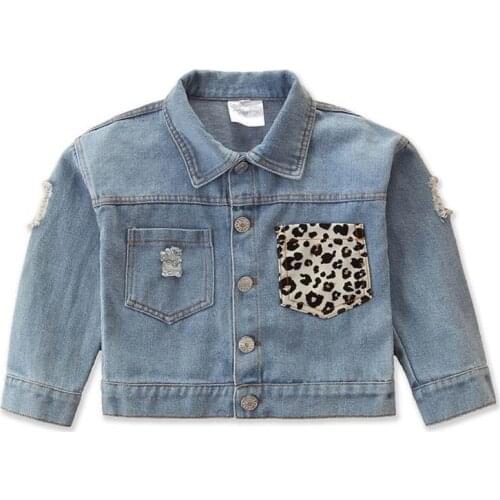Kids Denim Jackets For Girls Baby Leopard Print Pocket Coats Spring Autumn Fashion Child Kids Outwear Ripped Jackets Jean