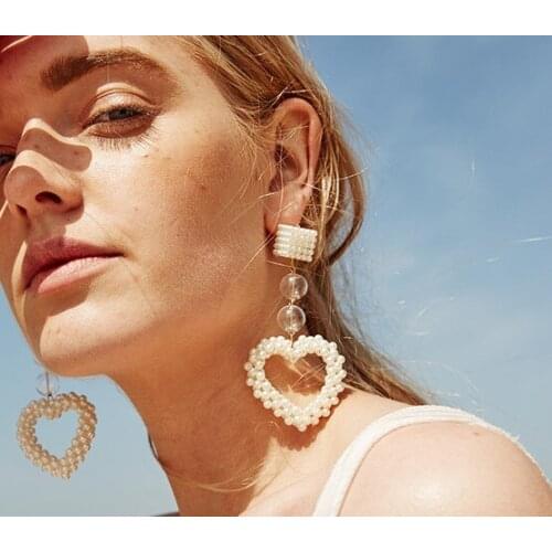 Trendy handmade heart shape pearl long drop earring for women party jewelry