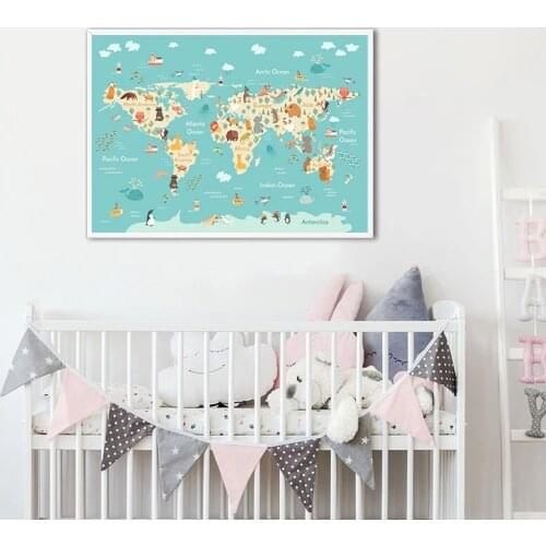 Cartoon Animal Ocean World Map Child Poster Nursery Canvas Painting Print Baby Enligh Wall Art Picture Kids Bedroom Decor