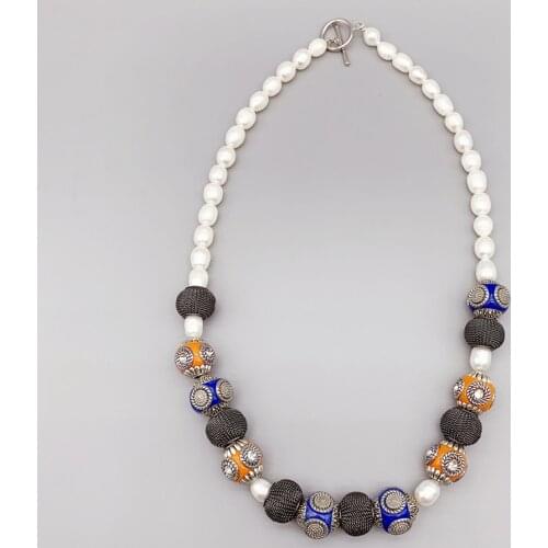 Orange Blue Antique Enamel Balls Necklace With Round Mesh Beads And Freshwater Rice Pearls Trendy For Women Girls Gift 18 Inch