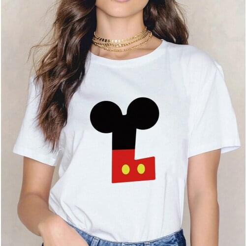 Summer Disney Mickey Mouse Letter A B C D E F Printed Women T-shirt Woman Harajuku Short-Sleeved O-Neck Girl Tee Top Unisex