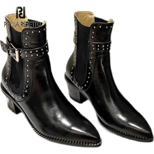 Pointed Mid-heel Rivet Womens Boots Belt Buckle Leather Stitching Elastic Band Thick Heel Martin Boots Short Tube Fashion Boots