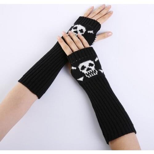Gothic Harajuku Punk Style Black Skull Half Finger Long Glove Women Knit Length Sleeve Fingerless Gloves Streetwear