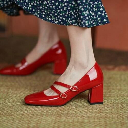 2021 Patent PU Leather Plaid Red Buckle Strap Lady Office Pumps Block 6cm High Heeled Womens Shoes Mary Janes Pumps Size 43 45
