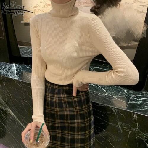 Women Sweater Turtleneck Knitted Sweater 2021 Autumn Elastic Female Pullover Long Sleeve Solid Cotton Clothes Sueter Mujer 10607