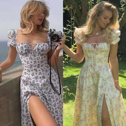 2021 Summer Dress Women Short Puff Sleeve Flroal Printed Ruched Party High Split Long Maxi Dresses Drawstring Sexy Sundress