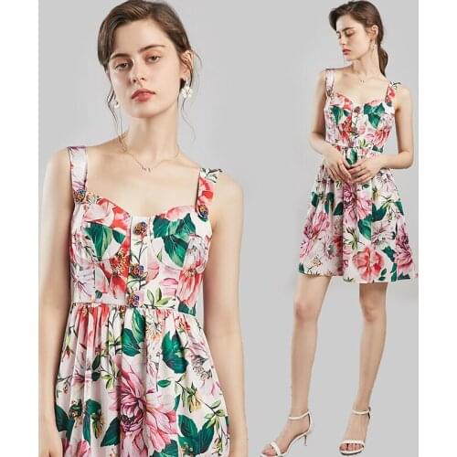 New Sweet Petal Buttons Backless Holiidays Pleated Runway Dress Women Elegant Pink Floral Printed Spaghetti Strap Overalls Dress