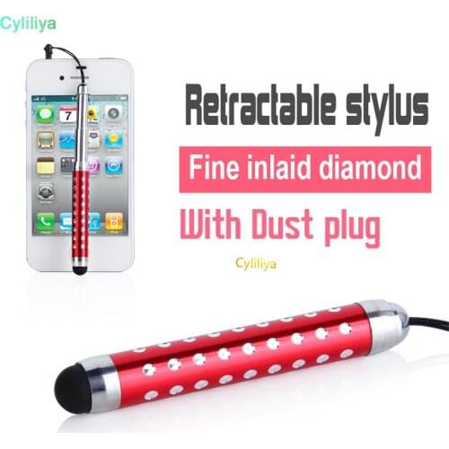 200pcs/lot Wholesale - Diamond Crystal Design Capacitive Stylus Retractable touch pen for Mobile phone with dust plug