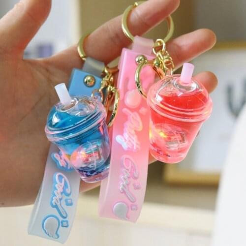 Glitter Quicksand Key Chain Liquid Floating Chrysanthemum Keyring Keychain Bag Charm Milk Tea Cup Pendant Keyfob Gift For Women