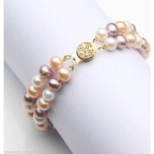 Genuine 7-8mm 2 Rows Multicolor Natural Freshwater Pearl Bracelet 7.5