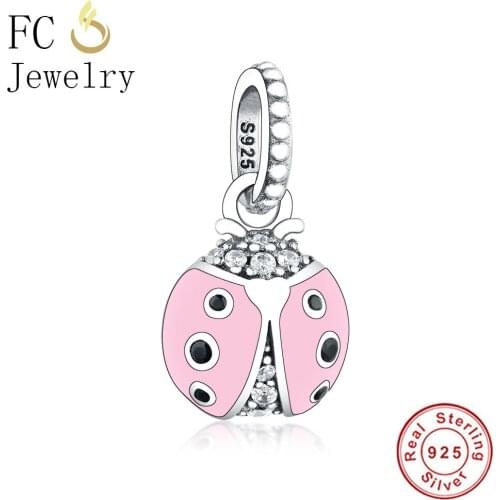 FC Jewelry Fit Original Brand Charm Bracelet 925 Sterling Silver Animal Pink Enamel Ladybird Ladybug Bead Making Berloque
