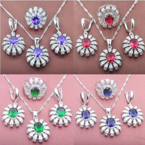 Pretty Wedding Womens Jewelry Sets Silver Color Purple Zirconia Ring Necklace And Earrings Set TZ088