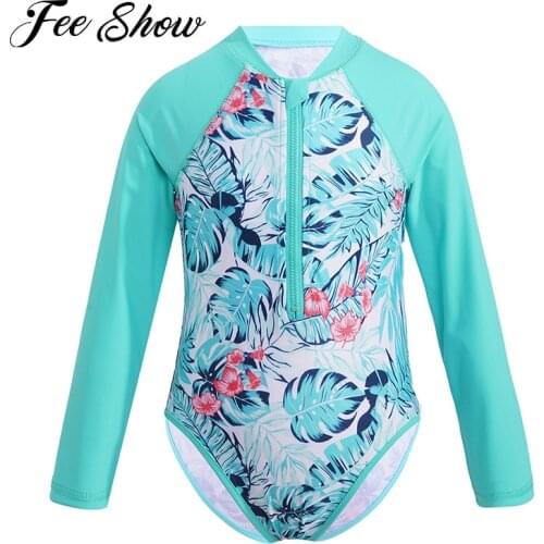 Kids Girls Swimsuits One-piece Brazilian Beachwear Palm Printed Zippered Long Sleeve Swimsuit Swimwear Bathing Suits Rash Guards