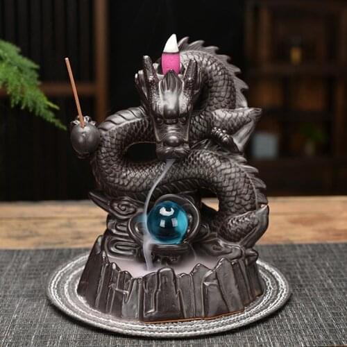 Hot incense burner Ceramic Backflow Incense Burner Creative Home Decor Dragon Incense Holder Censer With Lucky Crystal Ball