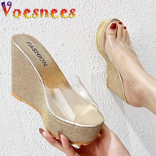 Summer Women Slippers Shoes 2021 New Sexy Transparent Wedges Sandals Platform Glistening Thick Sole Bottom Crystal High Heels