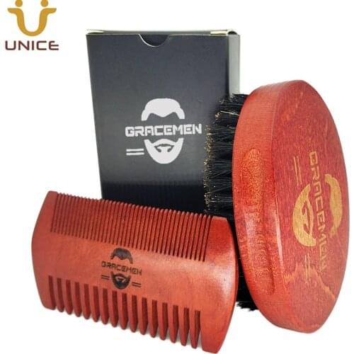 MOQ 100 Set Personalized LOGO Men Beard Care Kit for Face / Head Hair Mustache Red Wood Brush and Dual Sides Comb Sets