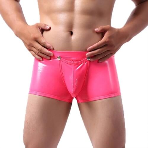 Mens Shorts Jockstrap PU Leather Button Open Crotch Boxershorts Clubwear Open Butt Latex Underwear Plus Size Gay Panties 2XL