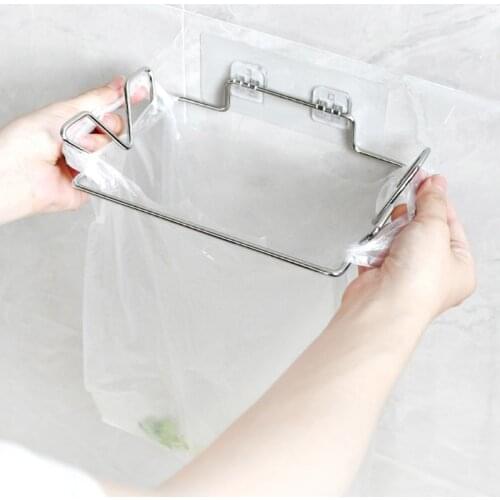 W3JA Wall Mounted Stainless Steel Garbage Bag Holder Adhesive Hanging Trash Rack Multifunctional Towel Hanger Organizer