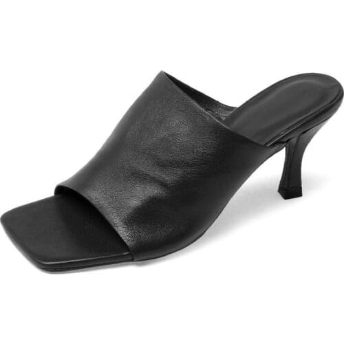 New Style Summer Soft Sheepskin Womens Slippers Square Toe Slim High Heels Ladies Mueller Shoes