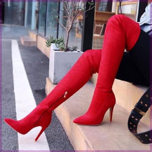 New Suede Stretch Thigh High Boots Sexy Elastic Slim Over the Knee Boots Womens Fashion High Heels Black Red Classic Long Shoes