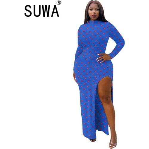 Wholesale Women Dress New Design HotSale High-quality Tight-fit Sexy Hem Slit Print Elastic Long Sleeved Dress Wedding Gowns