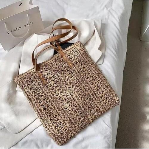 Square Hollow Straw Beach Bag Handmade Woven Shoulder Bag Raffia Rattan Shopping Travel Bag Bohemian Summer Vacation Casual Tote