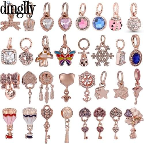 Dinglly Rose Gold Pendant Crystal Heart Charm Fit Bracelets Ladybug Butterfly Dangle Beads Bangles Fashion Accessories Charms