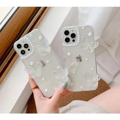 Transparent Pearl Butterfly Phone Case for iPhone 12 11 Pro Max Xs Max Xr 7 8 Plus Glitter Bling Soft Tpu Silicone Back Cover