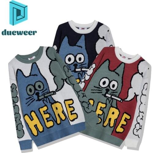 DUEWEER Kawaii Funny Cat Sweater Men Women Cartoon Knitted Sweater Pullovers Autumn Winter Couple Loose Casual Bottoming Top
