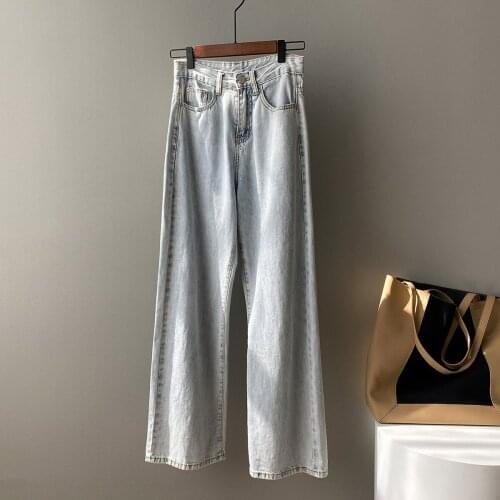 Yan Double Wide Leg Jeans for Women 2021 Spring New Korean Style High Waist Slimming Light Blue Straight-Leg Trousers 30083