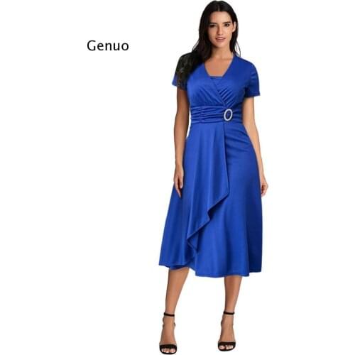 Womens Clothing Sexy V-Neck Short Sleeve Dress Ladies Fashion Casual Plus Size Summer Hem Ruffled Party Belt Dress