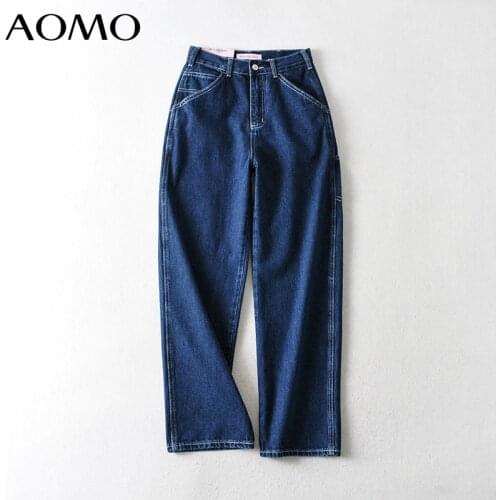 AOMO 2021 Fashion Women Boyfriend Style Loose Jeans Pants Long Trousers Pockets Buttons Female Pants 2M101A