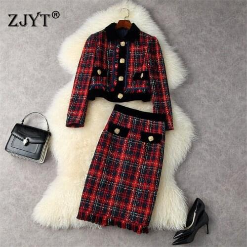 Runway Designer Fall Winter Women Tweed Woolen Dress Set Vintage Plaid Jacket Coat and Skirt Suit Lady Office 2 Piece Outfit