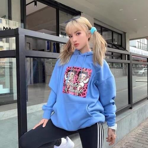 Hello My Friend Funny American Vintage Women Blue Graphic Pullover Long Sleeve Loose Autumn Streetwear Cute Harajuku Sweatshirt
