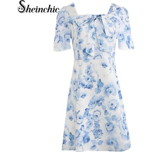 Korean Fashion Summer Clothes for Women 2021 Vintage Elegant Short Sleeve Blue Floral Mini Dresses