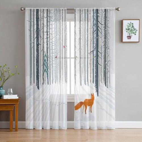 Animal Bird Fox Forest Winter Window Curtains for Living Room Kitchen Door Curtain Sheer Curtains for Bedroom