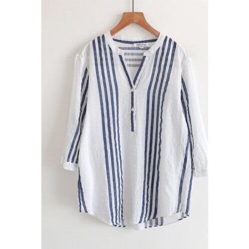 Summer Thin Section Vertical Striped Blouse Female South Korean Joker Brim Show Thin Striped Shirt 7 Minutes Of Sleeve Blouses